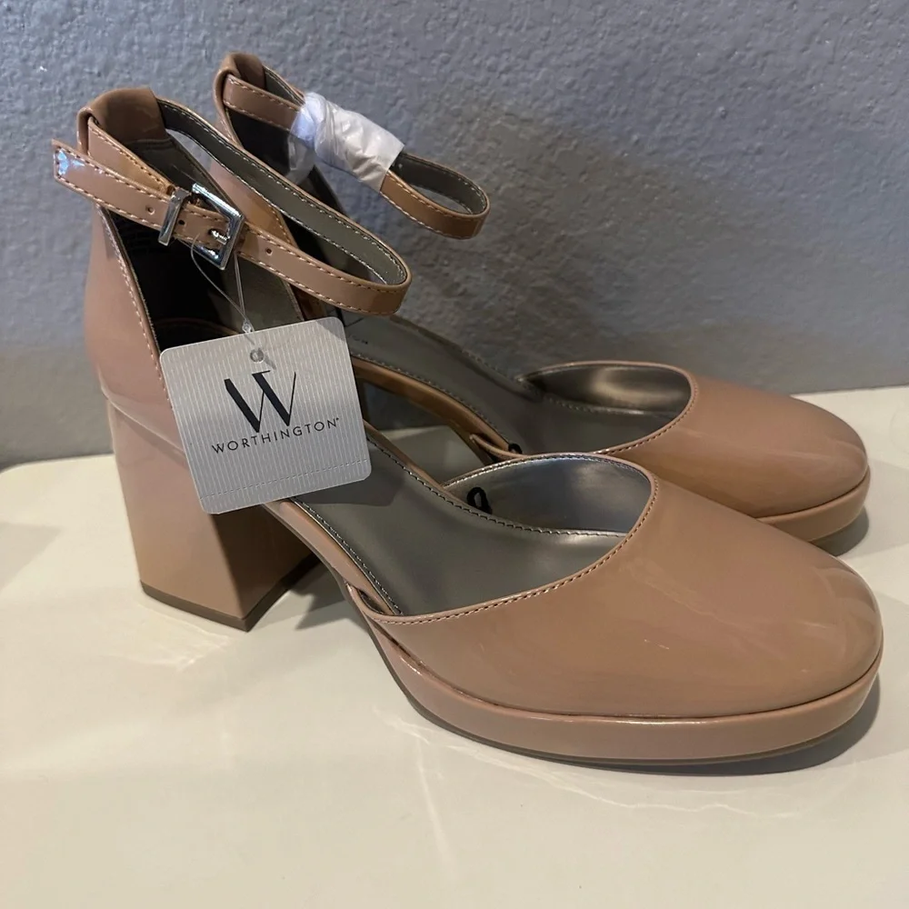 Worthington Nude Patent Platform Block Heel Pumps